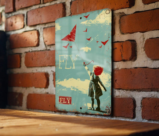 a picture of a girl flying a kite on a brick wall