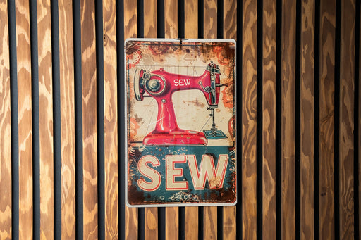 a sign that says sew on a wooden wall