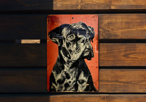 a picture of a black and white dog on a wooden wall