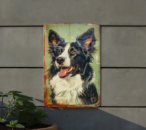 a picture of a black and white dog on a rusted metal sign