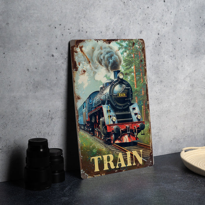 a painting of a train on a wall