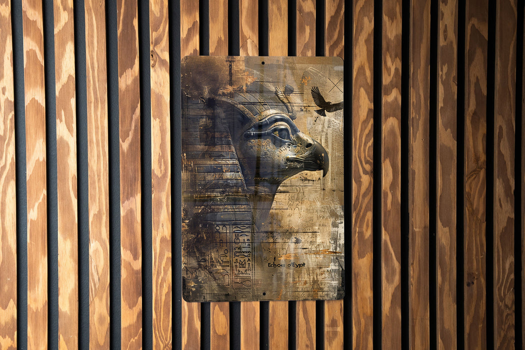 a picture of an egyptian mask on a wooden wall