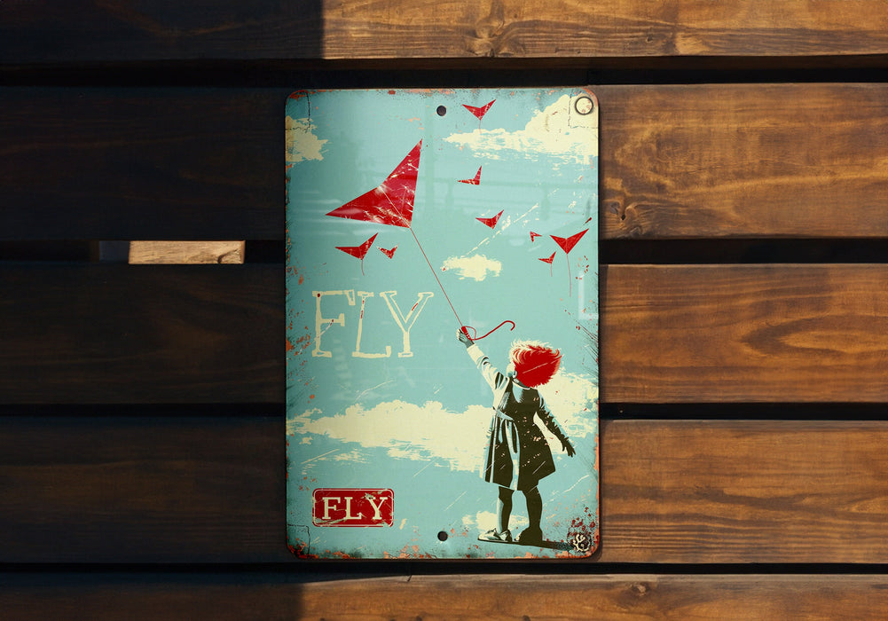 a metal sign with a girl holding a kite