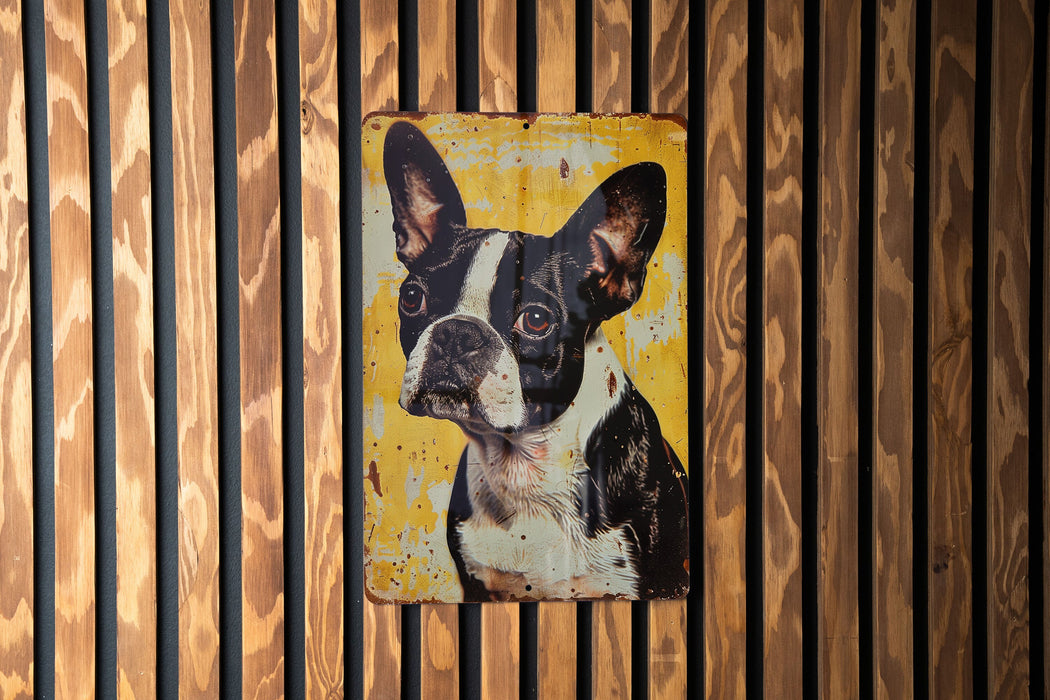 a picture of a black and white dog on a yellow background