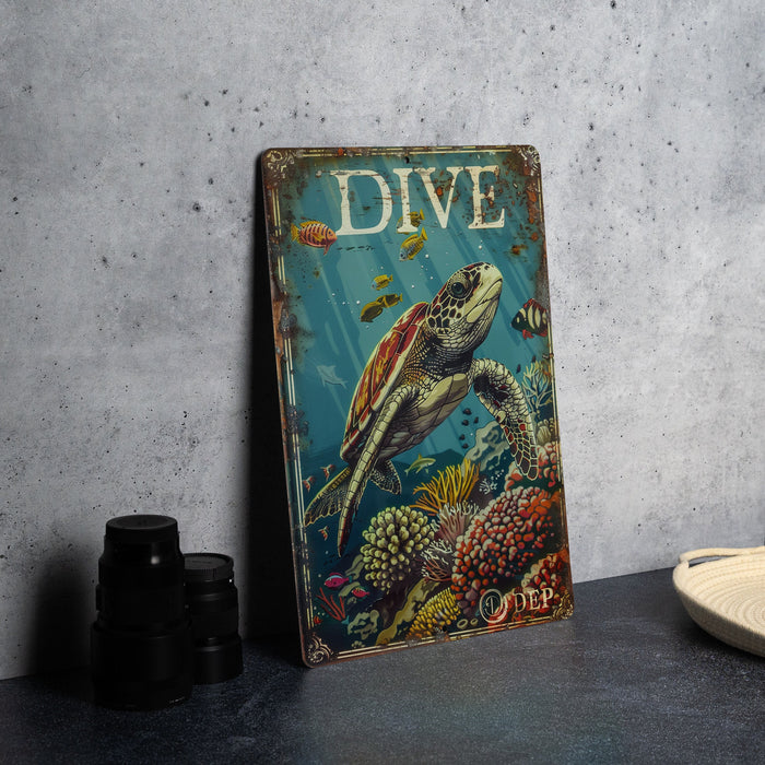 a picture of a sea turtle on a metal sign
