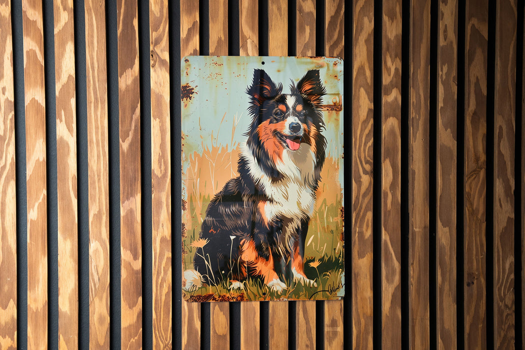a painting of a dog on a wooden wall
