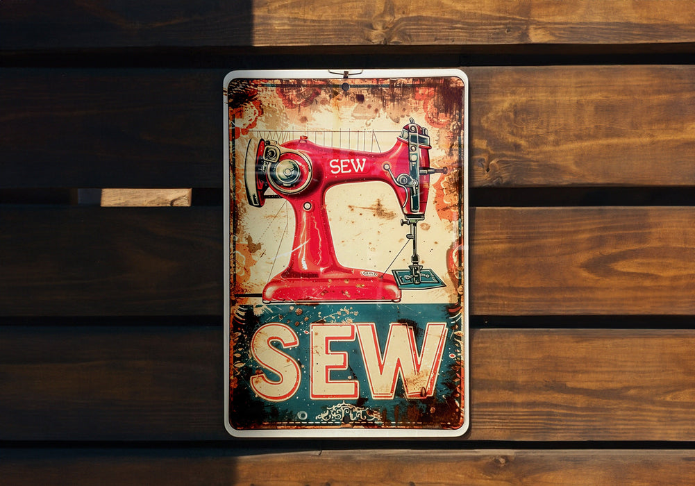 an old sewing machine sign on a wooden wall