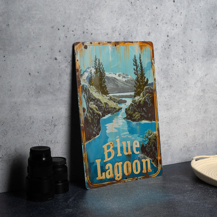 a blue lagoon sign sitting on top of a table