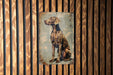 a painting of a dog on a wooden wall
