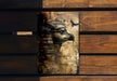 a painting of a giraffe on a wooden wall