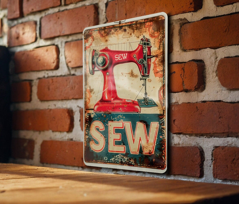 a sewing machine sign on a brick wall