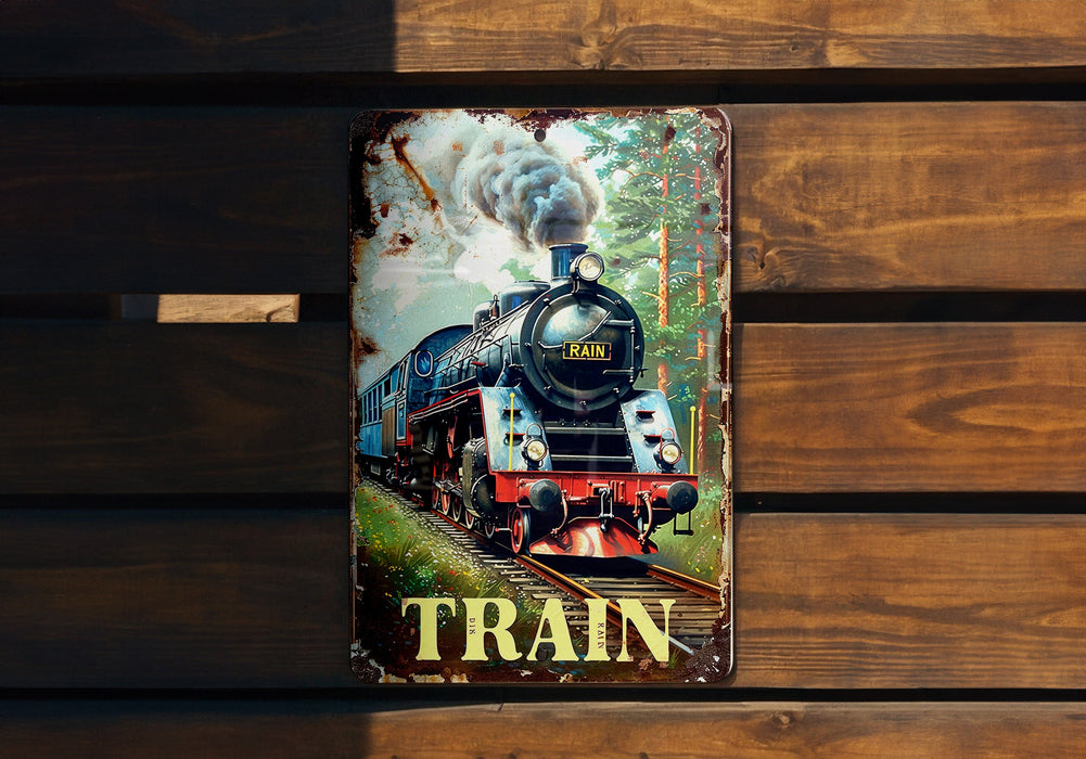 a picture of a train on a wooden wall