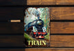 a picture of a train on a wooden wall