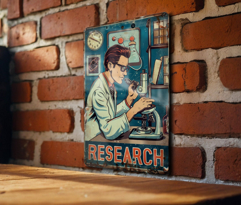 a sign on a brick wall that reads research