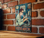 a sign on a brick wall that reads research