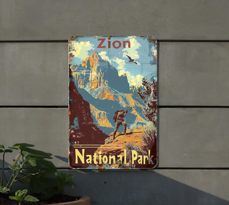 a sign on the side of a building that says zion national park