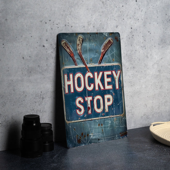 a sign that says hockey stop on it
