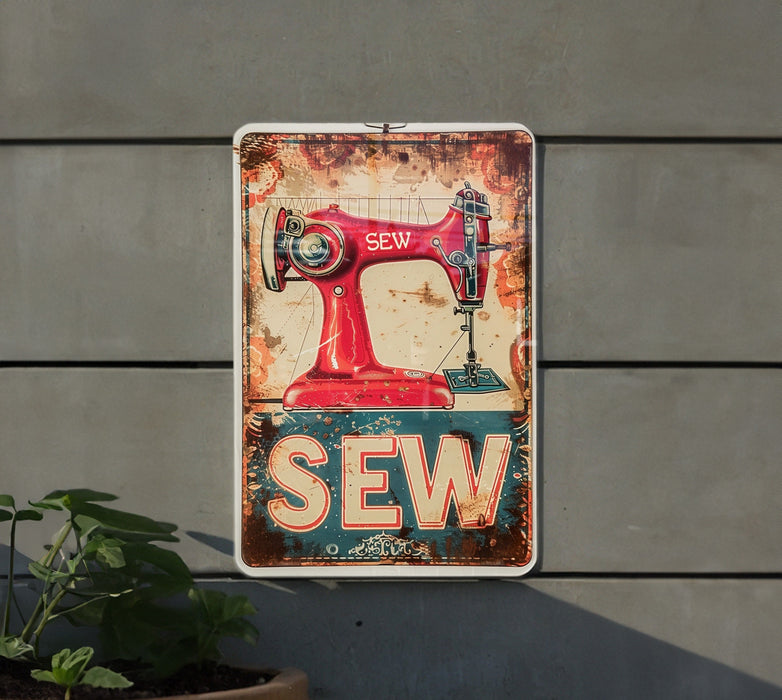 a sign that says sew on it next to a potted plant