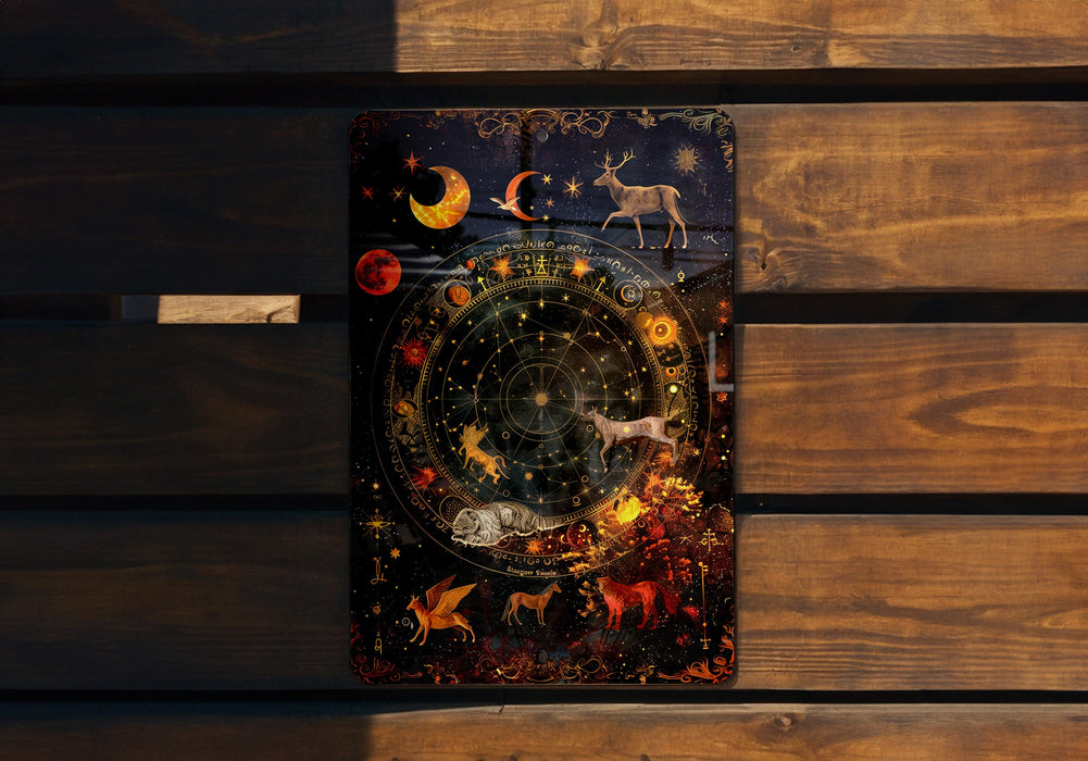 a wooden bench with a painting on it