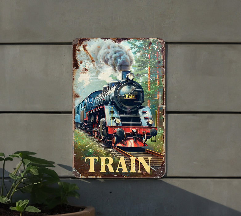 a train sign hanging on the side of a building