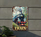 a train sign hanging on the side of a building