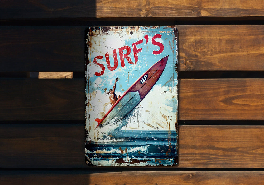 a sign on a wooden wall that says surf's