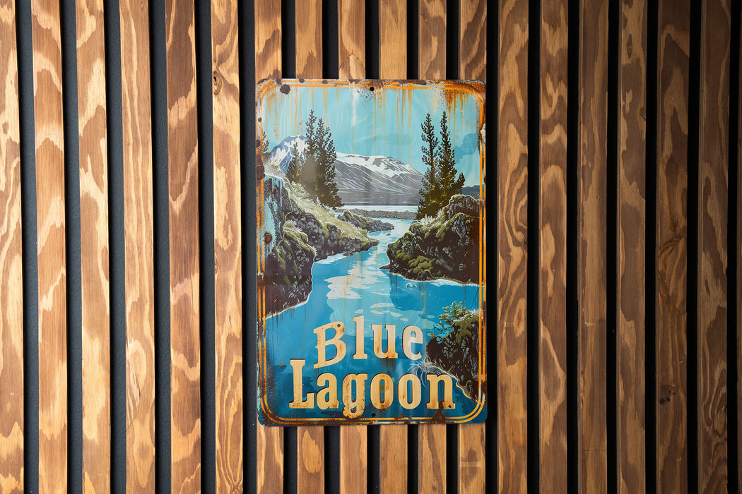 a blue lagoon sign hanging on a wooden wall