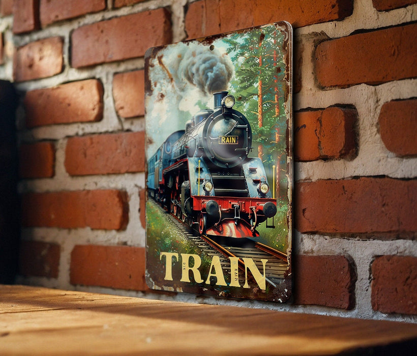 a picture of a train on a brick wall