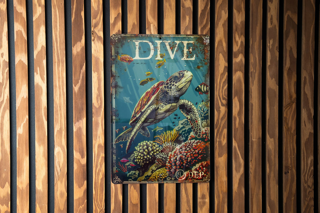 a picture of a turtle on a wooden wall