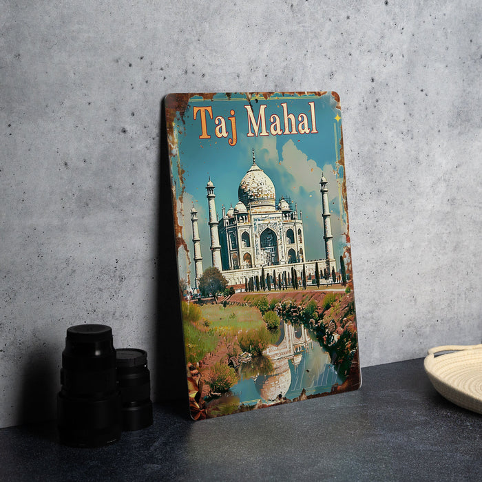 a picture of taj mahl on a metal sign