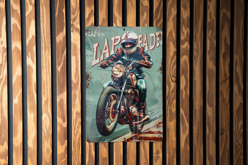 a painting of a man riding a motorcycle on a wooden wall