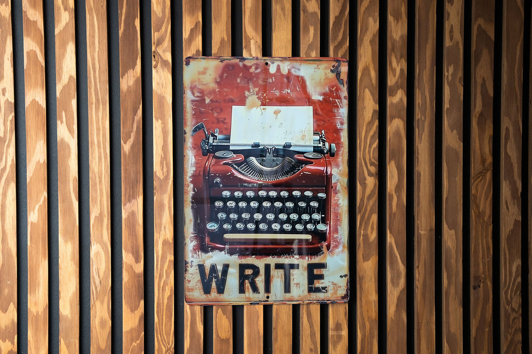 a sign with an old typewriter on it