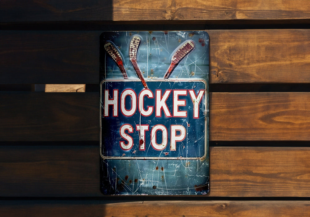 a hockey stop sign on a wooden bench