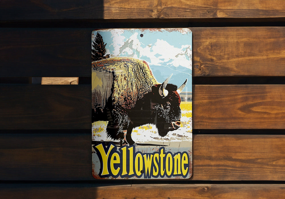 a picture of a bison on a wooden bench