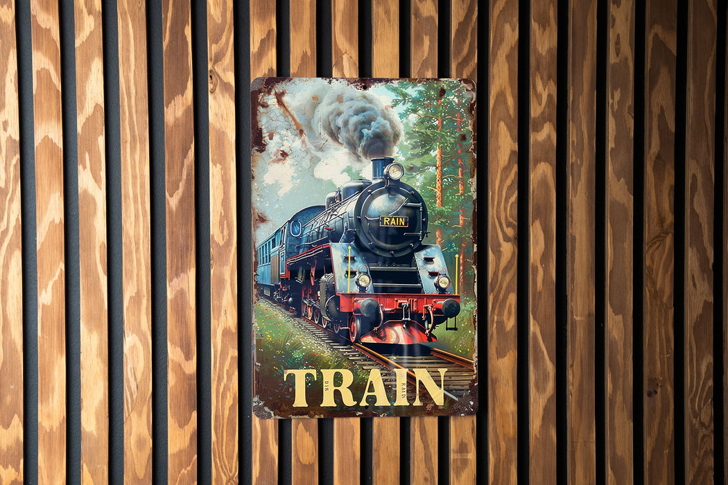 a train poster hanging on a wooden wall
