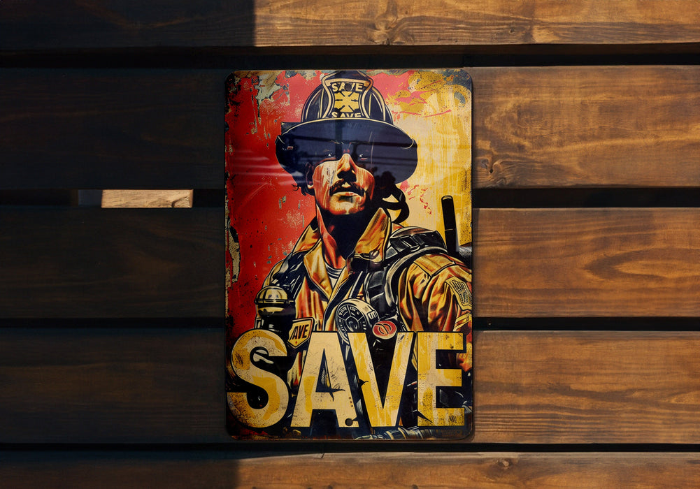 a picture of a fireman on a wooden wall