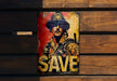 a picture of a fireman on a wooden wall