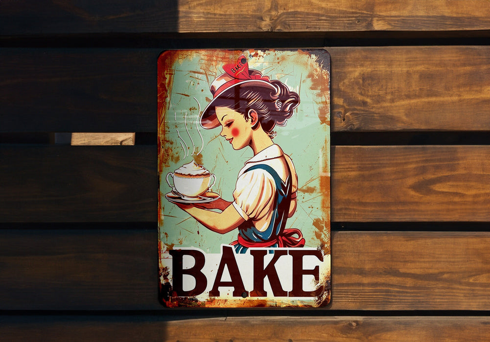 a tin sign that says bake on it