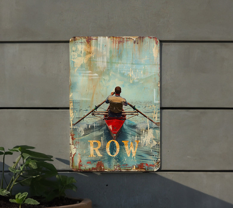 a painting of a man rowing a boat on the water