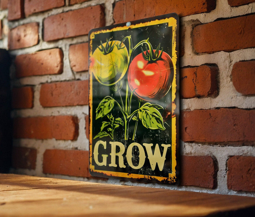 a sign on a brick wall that says grow