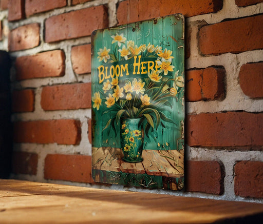 a picture of a vase of flowers on a brick wall