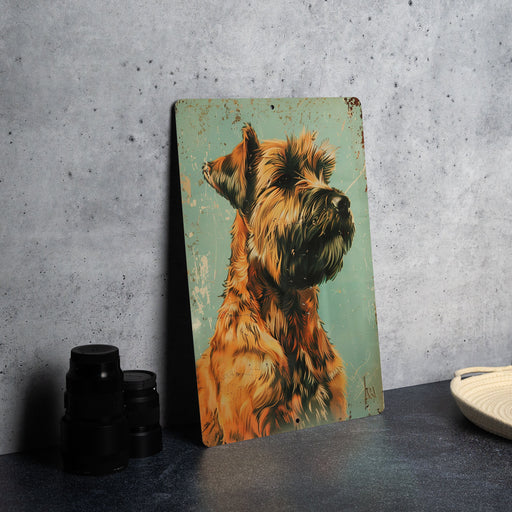 a painting of a dog on a wall next to a plate