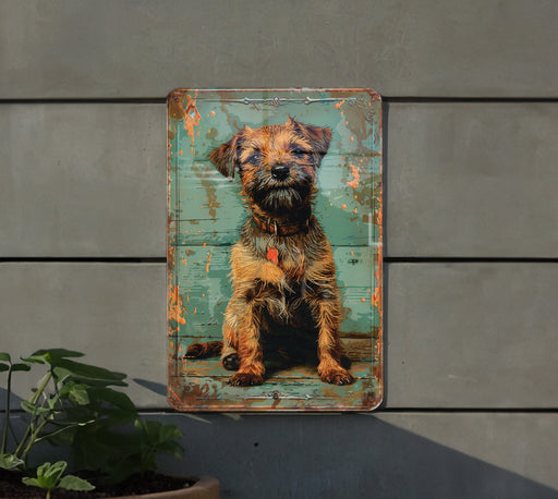 a picture of a dog on a rusted metal sign