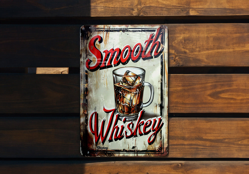 a sign on a wooden bench that says smoothie whiskey