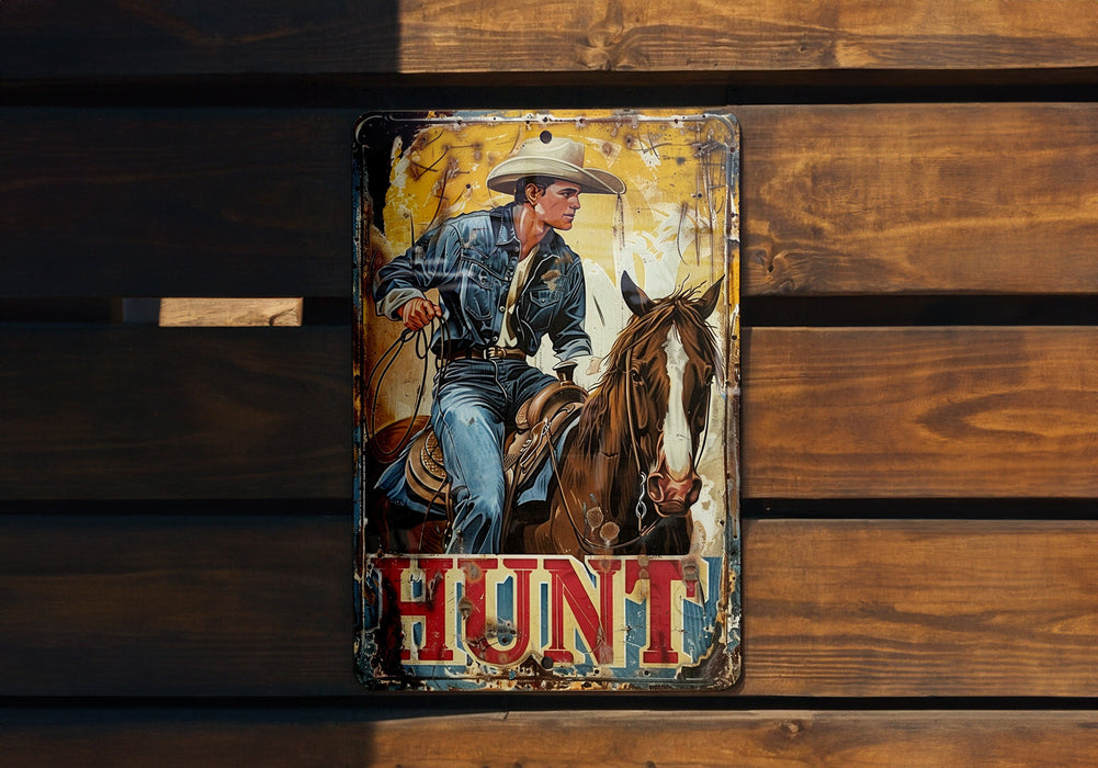 a metal sign with a picture of a man on a horse