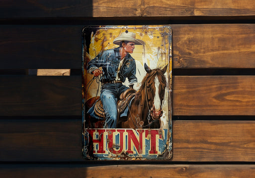 a metal sign with a picture of a man on a horse