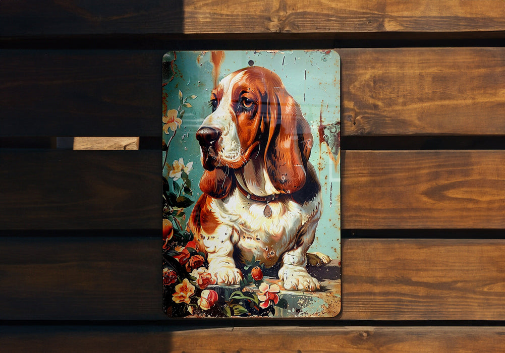 a picture of a basset hound sitting on a wooden bench