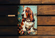 a picture of a basset hound sitting on a wooden bench