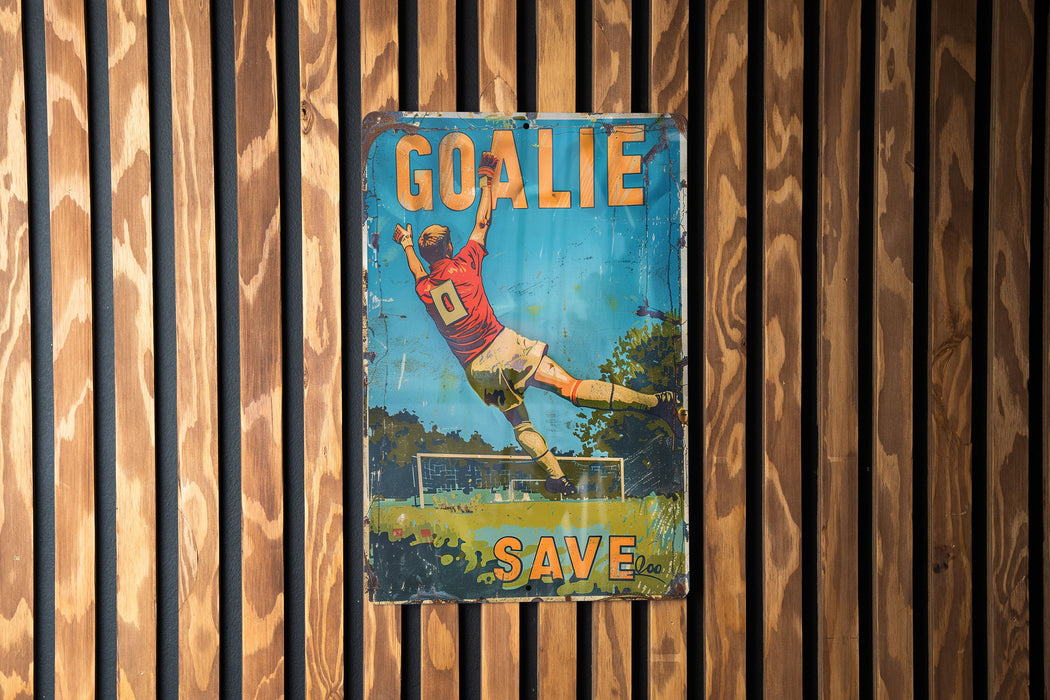 a picture of a goalie on a wooden wall