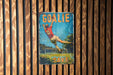 a picture of a goalie on a wooden wall